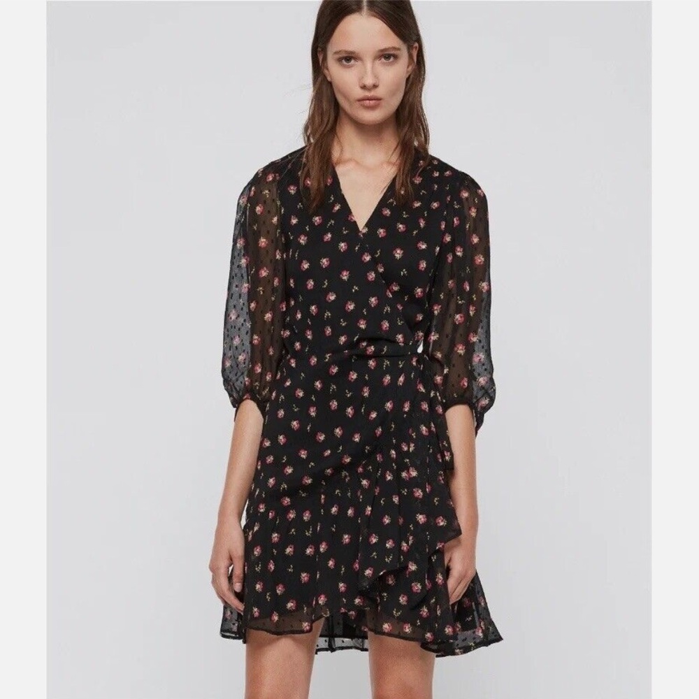 ALLSAINTS Jade Bounce Black Pink Floral Mini Wrap Dress Sz XS Sheer Lined NWT